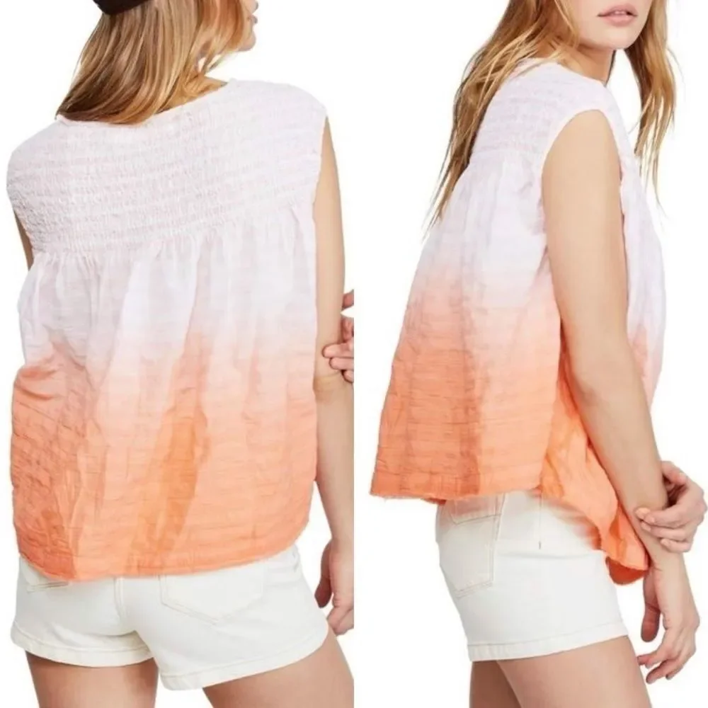 FREE PEOPLE • Women's Orange Blouse Ombre Smocked Henley